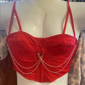 SHEIN Glittering Red Crop Top with Pearl Chains